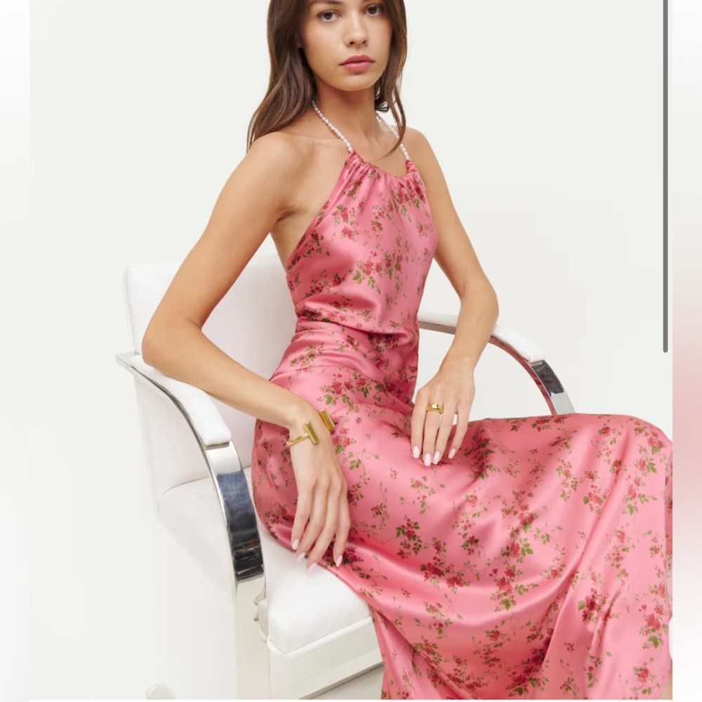 Reformation Marixa Silk floral maxi dress pink pearl detail 26245